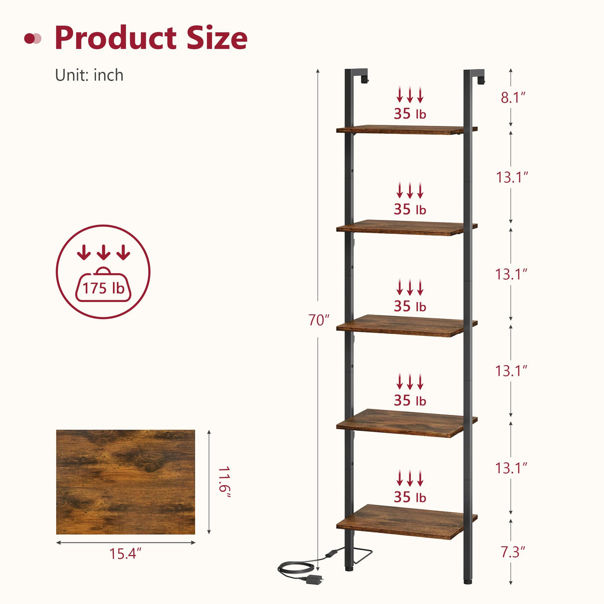 Tajsoon 5-Tier Ladder Shelf with LED Light, Wall Mounted Ladder Bookshelf with Metal Frame, Wall Ladder Bookshelf for Living Room, Bedroom, Office, Rustic Brown Tajsoon