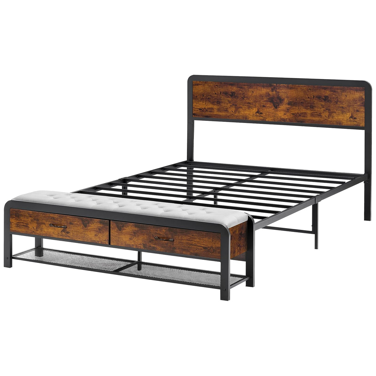 SLEKVERSA Queen Bed Frame with Headboard and Storage Ottoman, Farmhouse Platform Bed Frame Queen Size with Sturdy Metal Slats, No Box Spring Needed, Noise Free, Easy Assembly SLEKVERSA