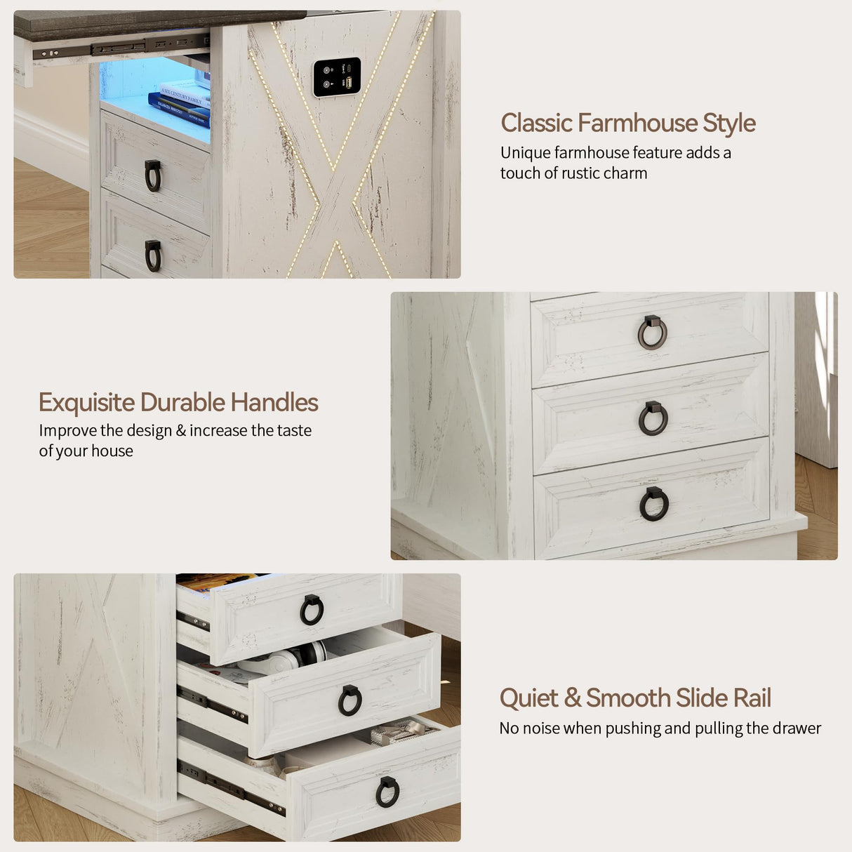 Lvifur Farmhouse Nightstand with Gun Drawer, Human Sensor LED Bedside Table with LED Lights & Charging Station, Rustic Wood Sofa Side End Table with 3 Drawers for Bedroom (Antique White) Lvifur