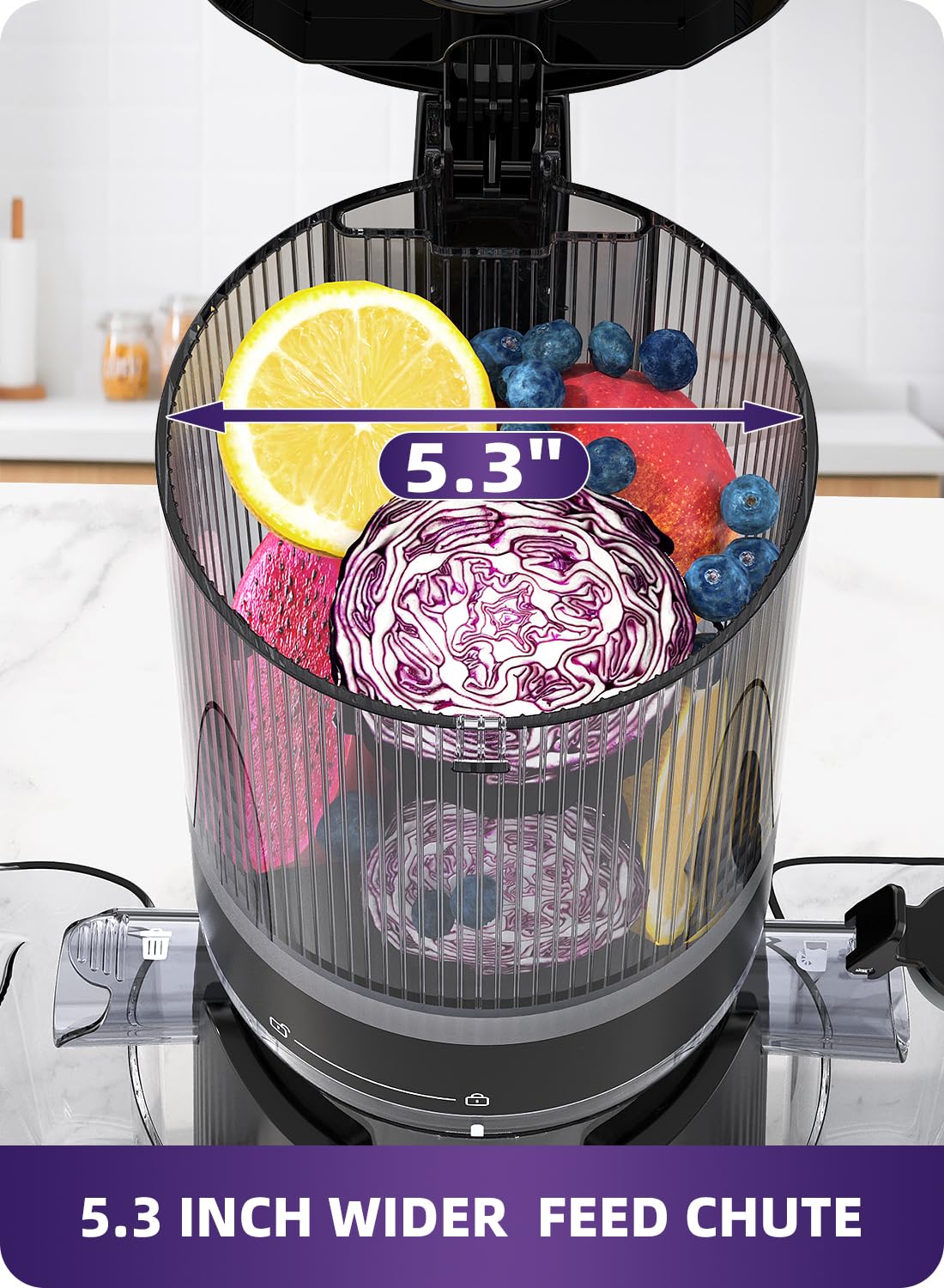 ACOQOOS Juicer Machines, Cold Press Juicer Whole Fruit and Vegetable with 5.3" Wider and Larger Feeding Chute (Capacity 1.8L), Easy to Clean Juicers with 2 Cups, Masticating Juicer Black ACOQOOS