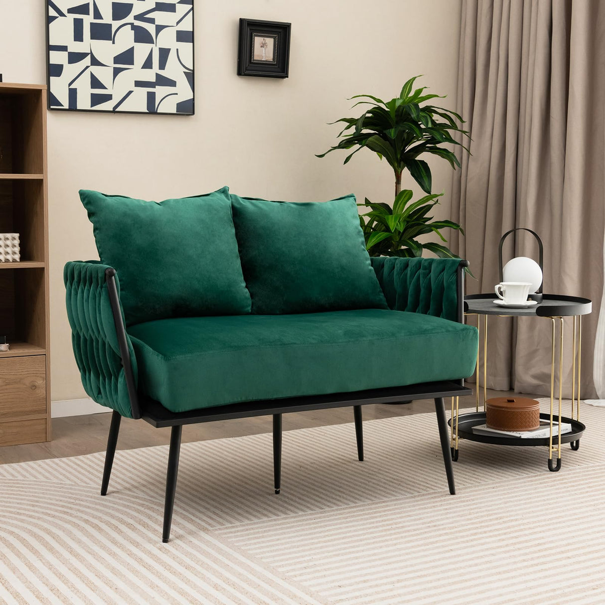 Giantex Loveseat Sofa, Upholstered 2 Seat Sofa Couch with Dutch Velvet, Woven Back and Arms, 2 Pillows, Removable Padded Cushion, 5 Solid Metal Legs, for Living Room Apartment Reception Room (Green) Giantex