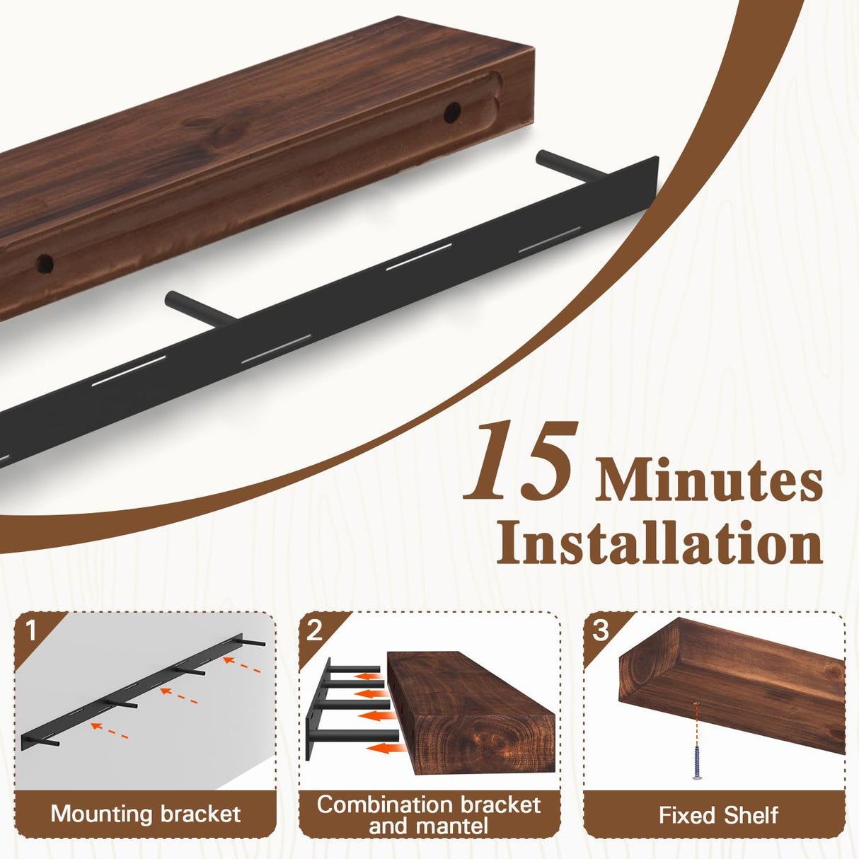 Fireplace Mantel, 72 in Handcrafted Solid Mantel Shelf with Invisible Heavy Duty Metal Bracket, Floating Mantel Shelf, Dark Brwon Eshoma