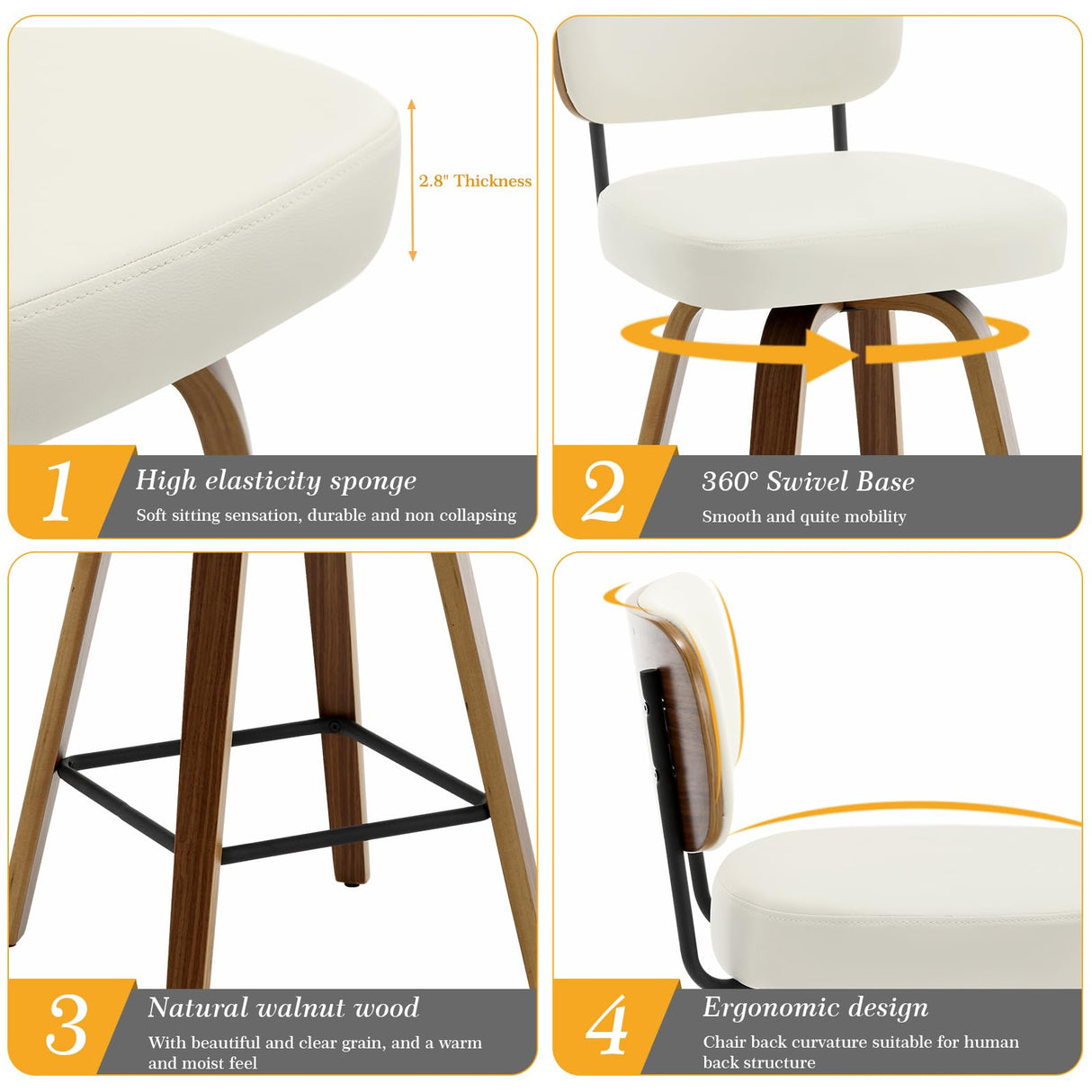 Bekrvio Mid Century Modern Swivel Bar Stools Set of 3 - 26" Upholstered Faux Leather with Ergonomic Backrest, Cream White Bekrvio