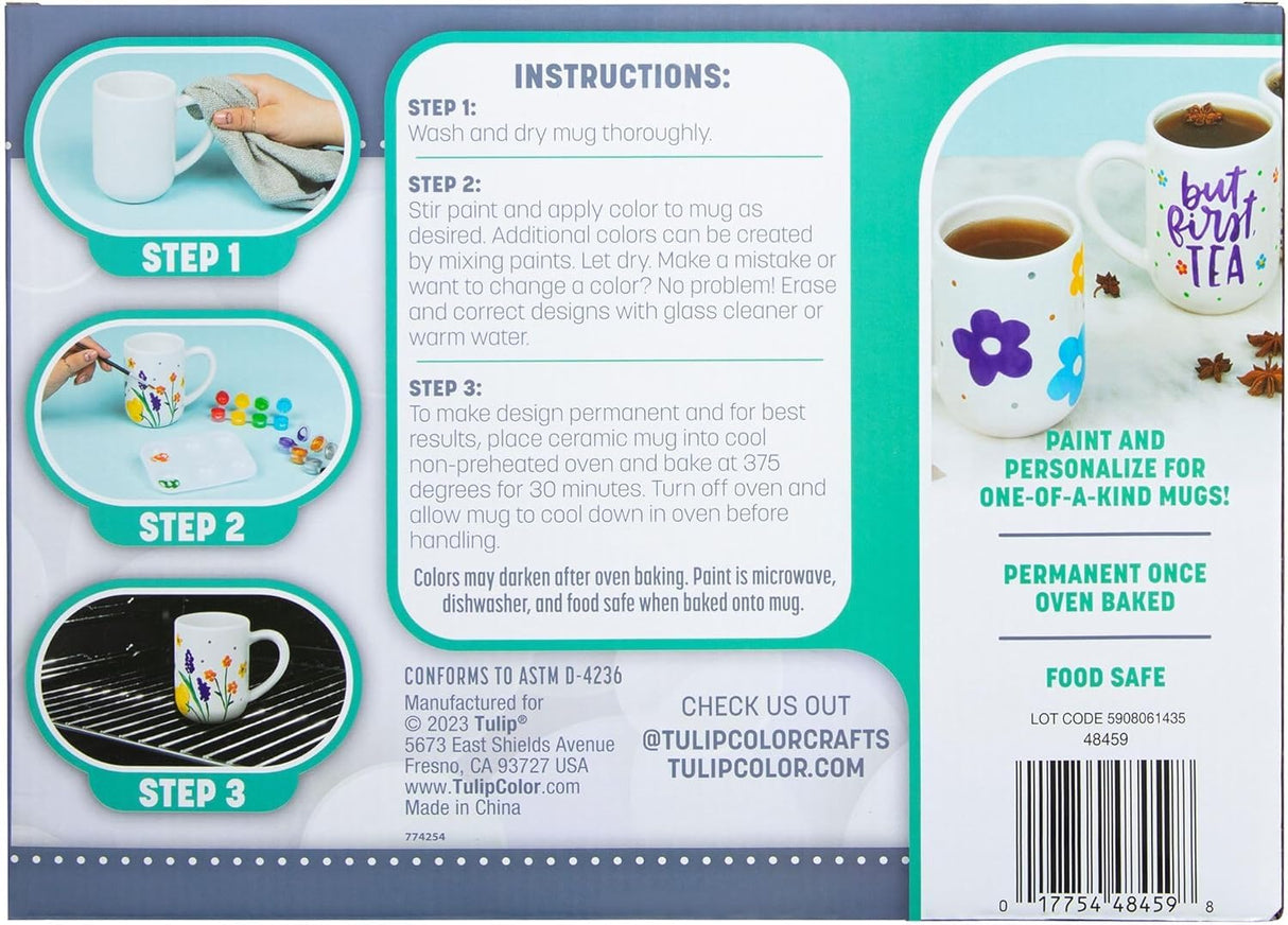 Tulip Food Safe Painted by Me, at Home Paint and Bake Kit - 4 Ceramic Mug Painting Set, Family Activity or Paint Night, All-In-One - Rainbow Paint, 4 Brushes & 4 Paintable Mugs. Studio Quality Results Tulip