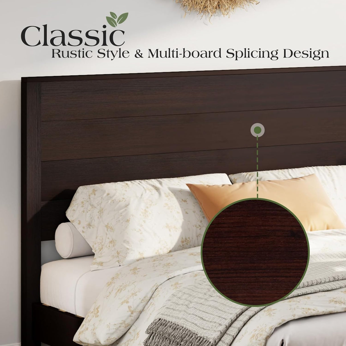 LUXOAK King Size Wood Platform Bed, Rustic Bed Frame with 51.2" Tall Slatted Headboard, Wooden Slats & Metal Support, No Box Spring Needed/Noise Free, Easy Assembly, Espresso LUXOAK