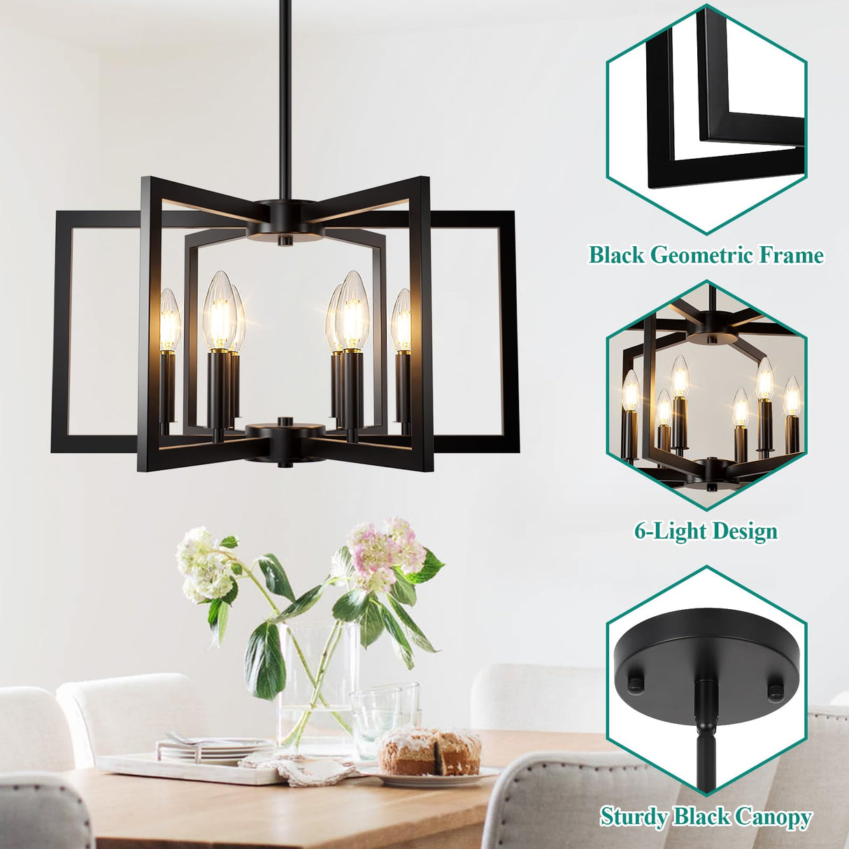 6-Light Black Chandelier, Farmhouse Dining Room Light Fixture, Large Modern Chandelier, Geometric Industrial Metal Hang Lighting Fixture for Foyer Entryway Kitchen Over Table Hallway Living Room Bairth