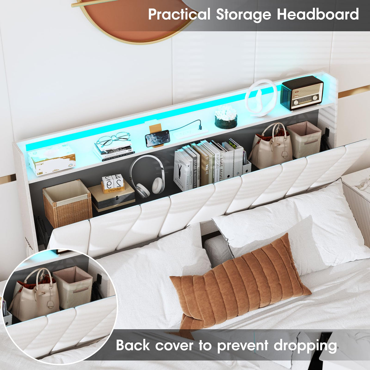 Fameill Full Size Bed Frame with Storage Headboard and 3 Drawers,Upholstered Platform Bed with Charging Station,Full Bed Frame with LED Lights,No Box Spring,Beige Fameill