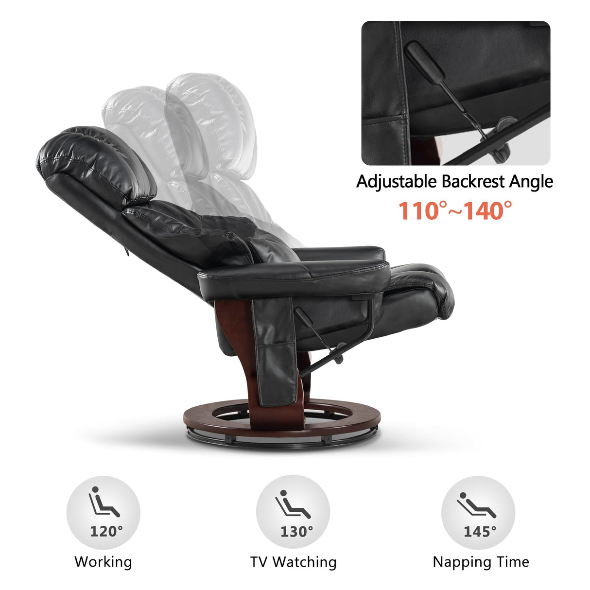 MCombo Manual Swivel Recliner with Ottoman, Reclining Chair with Vibration Massage for Small Spaces, Living Room, Office, Faux Leather 9068 (Black) MCombo