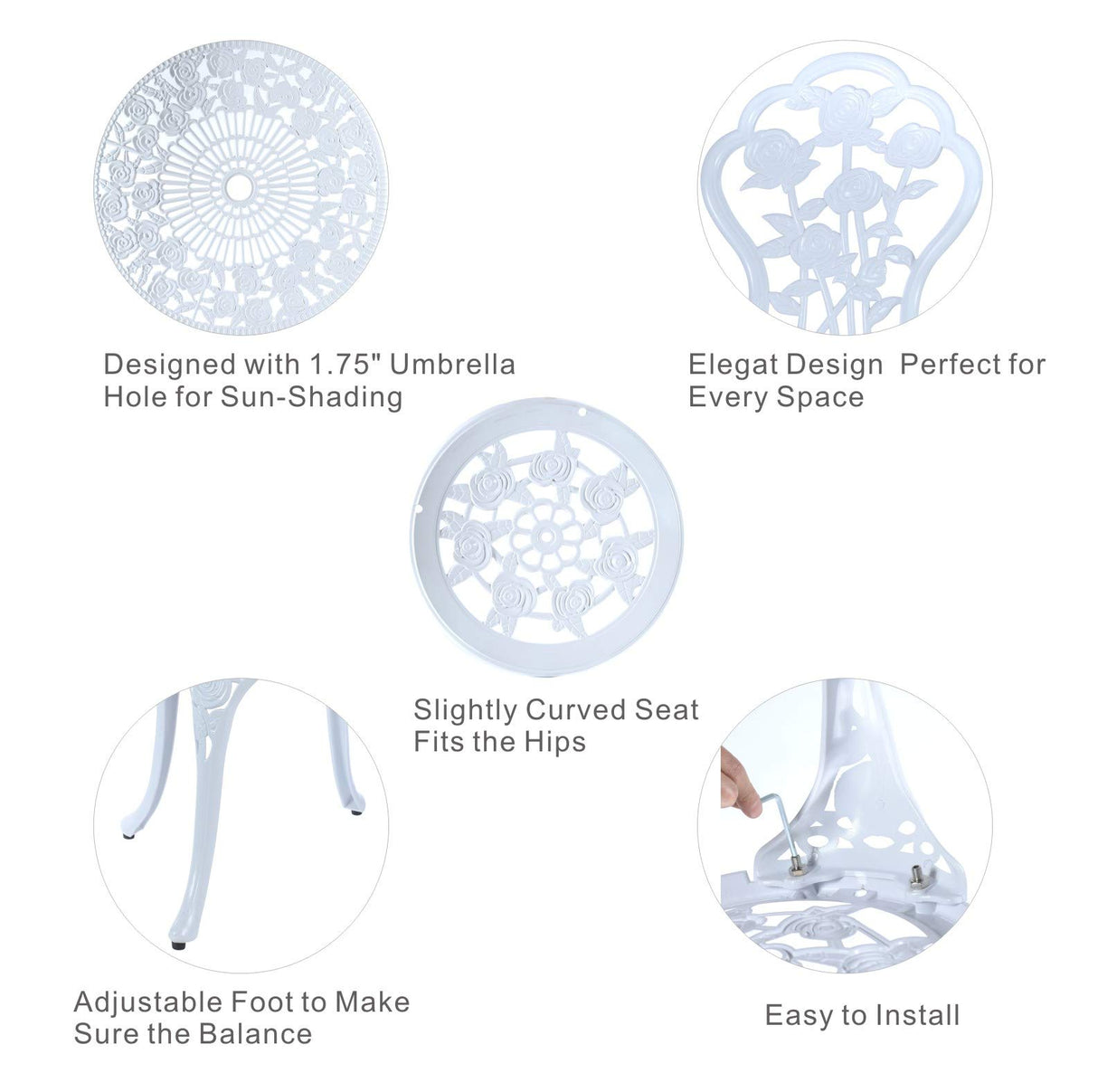 C/G 3 Piece Bistro Set,Outdoor Patio Set,Anti-Rust Cast Aluminum Bistro Table Set for Park Yard Front Porch Furniture(White) C/G