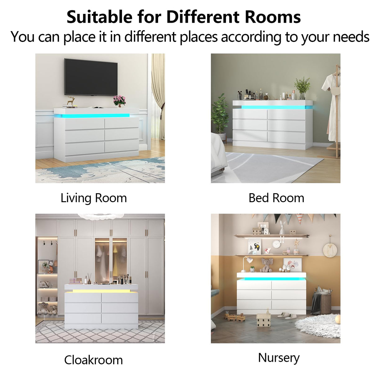 Gyfimoie 6 Drawer Dresser with Power Outlet, White Dresser with LED Light, Modern Chest of Drawers for Closet, Double Wide Drawer Organizer Cabinet for Bedroom, Living Room, Entryway, Hallway (White) Gyfimoie