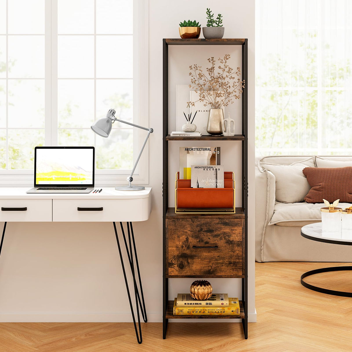 Tangkula 4-Tier Bookshelf with Drawer, 62.5” Tall Narrow Bookcase with Metal Frame & Anti-tip Kits, 4 Open Shelves & Pull-Out Drawer, Modern Slim Display Storage Rack for Living Room Study (2, Brown) Tangkula