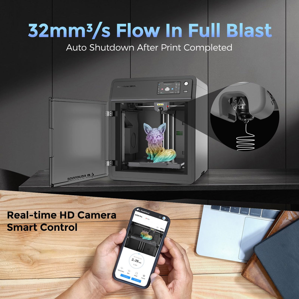 FLASHFORGE Adventurer 5M Pro 3D Printer, 600mm/s High-Speed, FDM 3D Printer Auto Leveling with 280°C Quick Detachable Nozzle, Core XY Structure, Dual Filtration System, Print Size 220x220x220mm FLASHFORGE