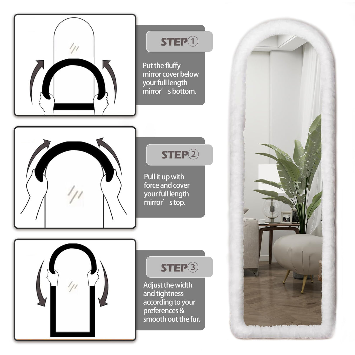 JAWGLOW Fluffy Full Length Mirror, Universal Ultra Soft Non-Slip Cover, Free Standing, 64"x21", Full Body Mirror, Warm Home Decor for Living Room, Bedroom, Cloakroom (White) JAWGLOW