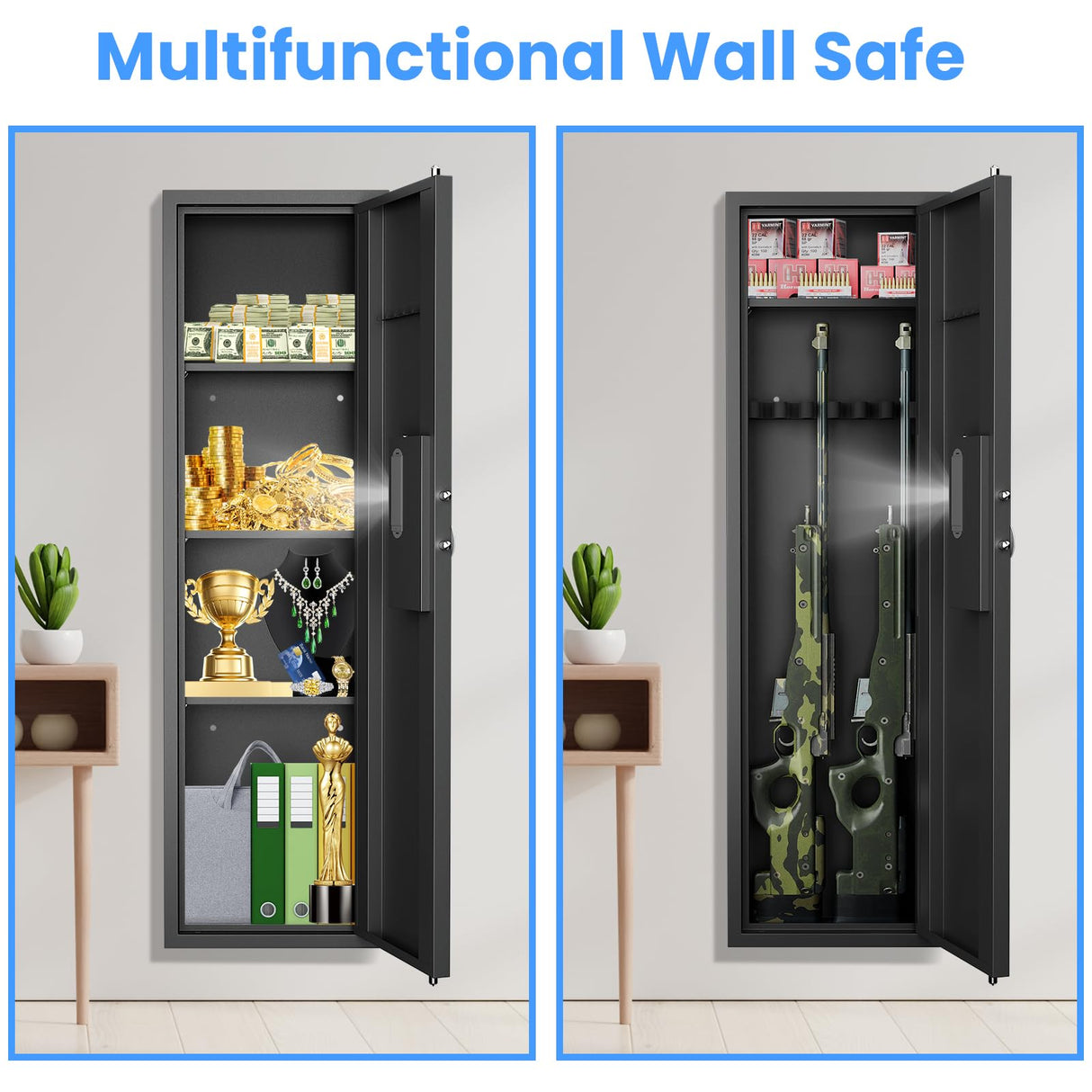 silkight 【2024 New】 Wall Gun Safe, Fingerprint Wall Safe Between The Studs with Dual Alarm & Mute Mode, Hidden Wall Gun Safe for Pistols with Adjustable Shelves, Magnetic Gun Support & Key Hook silkight