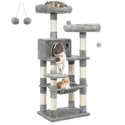FEANDREA Cat Tree, Cat Tower for Indoor Cats, 56.3-Inch Cat Condo with Scratching Posts, Hammock, Plush Perch, Light Gray UPCT15W