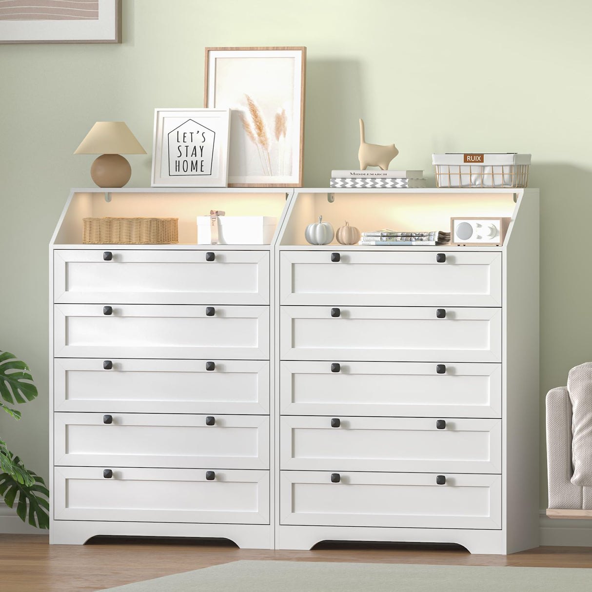 Wodeer White Dresser Tall 5 Drawer Dresser for Bedroom, Wood Chest of Drawers with LED Lights, Charging Station, Metal Handles, Modern Storage Cabinet and Organizer Drawers for Living Room, Hallway