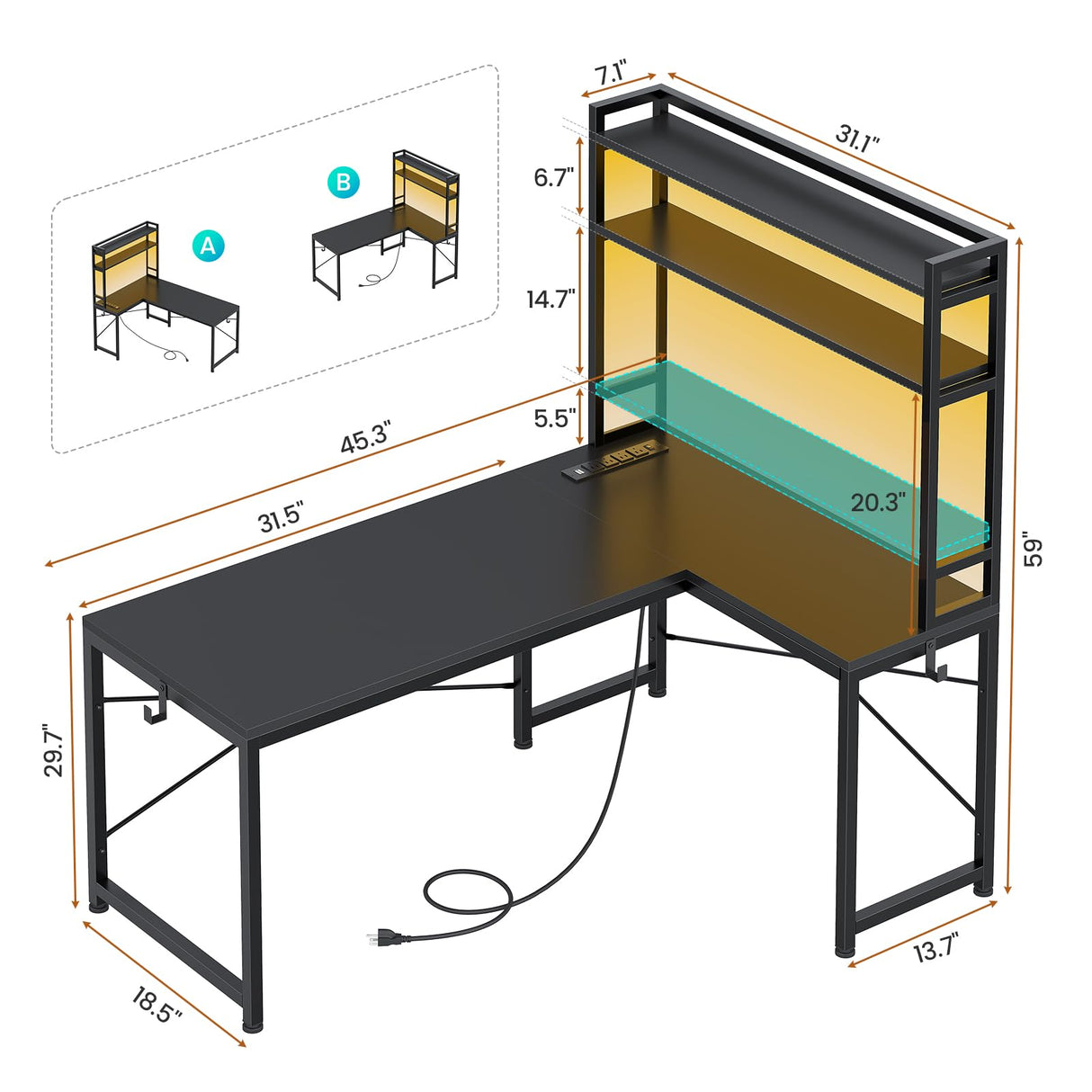 SEDETA L Shaped Gaming Desk, Reversible 45.3” Small Corner Desk with Power Outlet and LED Lights, Corner Gaming Desk with Storage Shelves, Hooks and Hooks for Small Space, Black SEDETA
