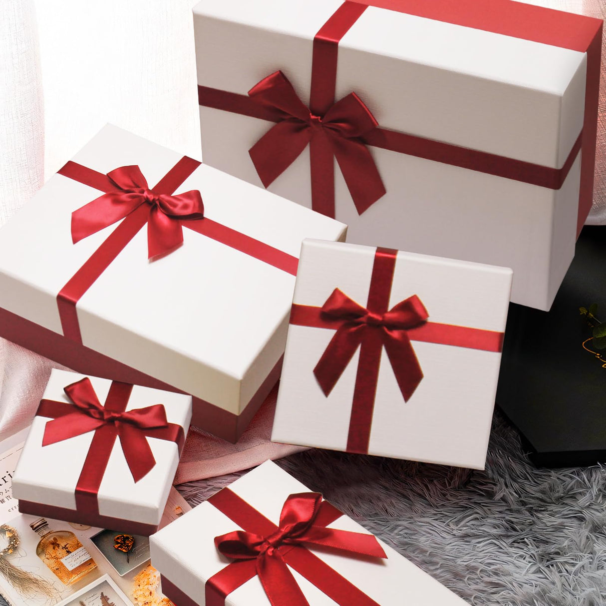 Gift Box for Present, 5 Christmas Gift Boxes with Lids, Boxes for Gifts, Red Gift Boxes with Ribbon for Holidday, Christmas, Celebration, Birthday, Weddings, etc.(Red/White) Eerbaier