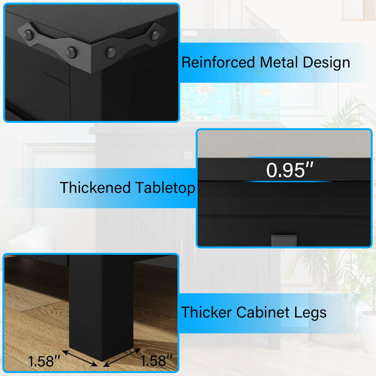 kepptory 20 Gallon Fish Tank Stand with Power Outlets, Farmhouse Decorative Aquarium Stand Furniture with Adjustable Shelves, 10-20 Gallon Reptile Turtle Tank Stand with Cabinet Storage (Black, 20GL) kepptory