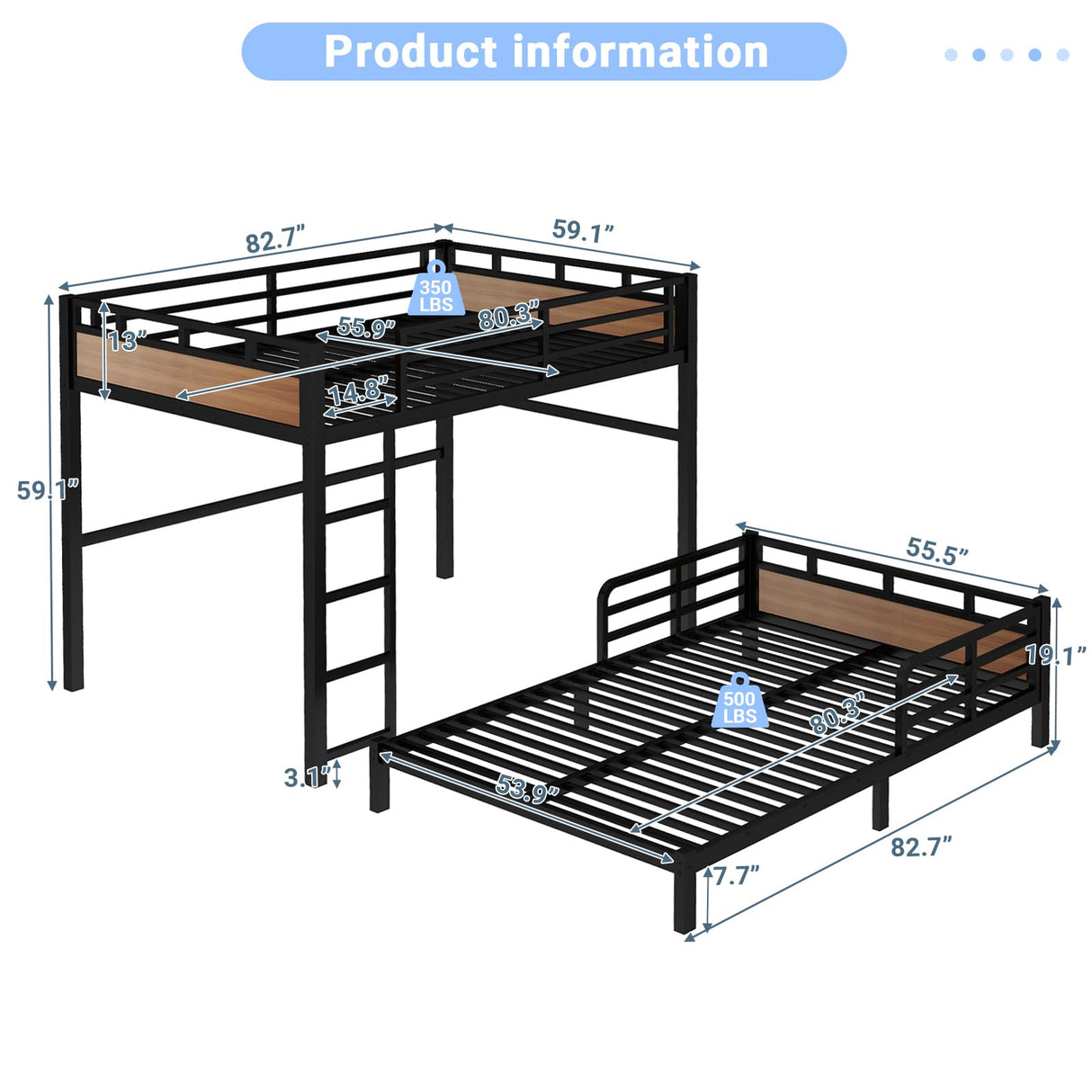 HKOLIE Full XL Over Full XL Bunk Bed, Convertible Metal Bunk Beds Can Separate into Loft Bed and Platform Bed, Heavy Duty Noise-Free Bed Frame with Safety Rails for Adults Teens Kids, Walnut HKOLIE