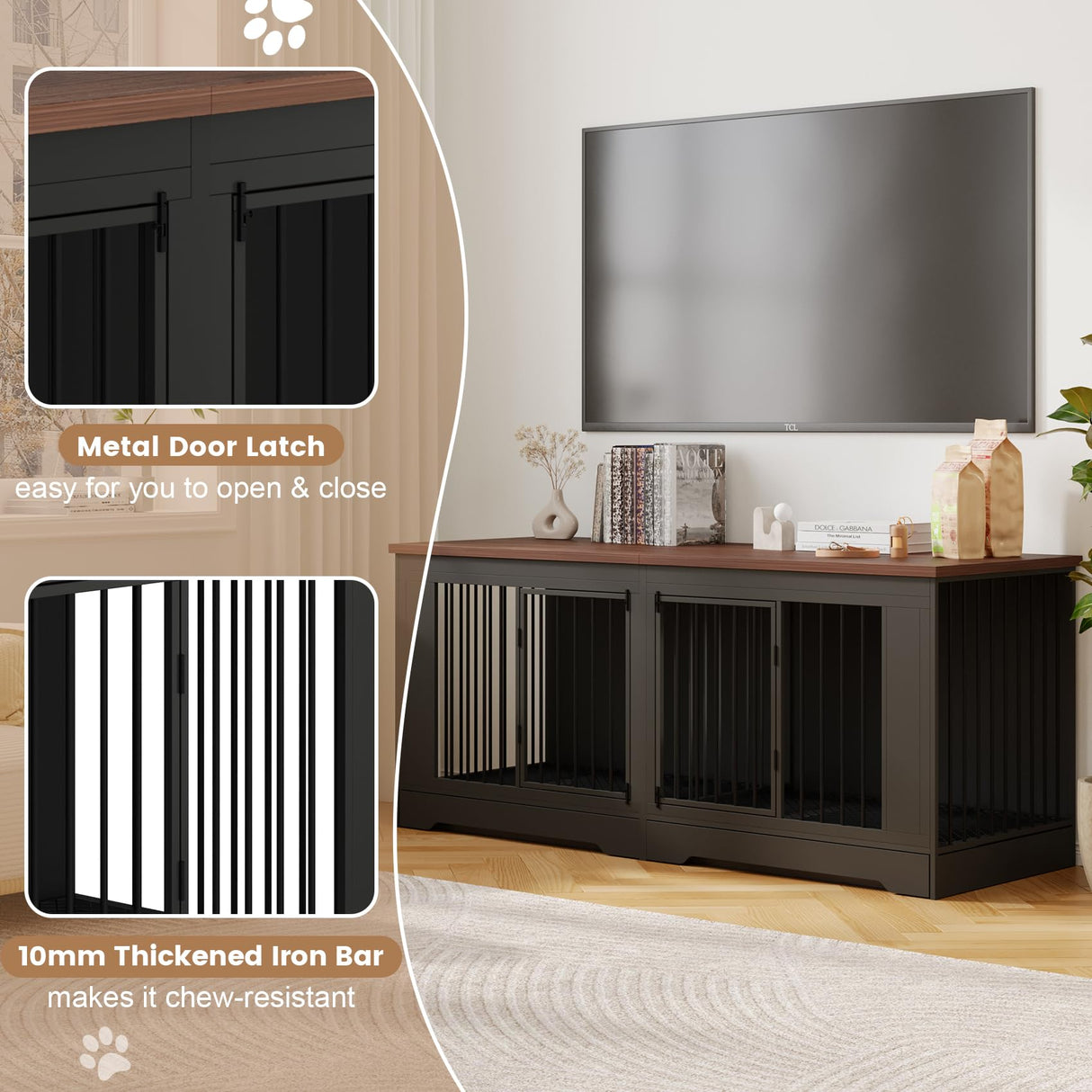 Large Dog Crate Furniture - Indoor Wooden Furniture Style Dog Kennel - Heavy Duty Decorative Dog Crate Table with Tray and Removable Divider - 75" L x 27.6" W x 32.7" H, Black A6HOM