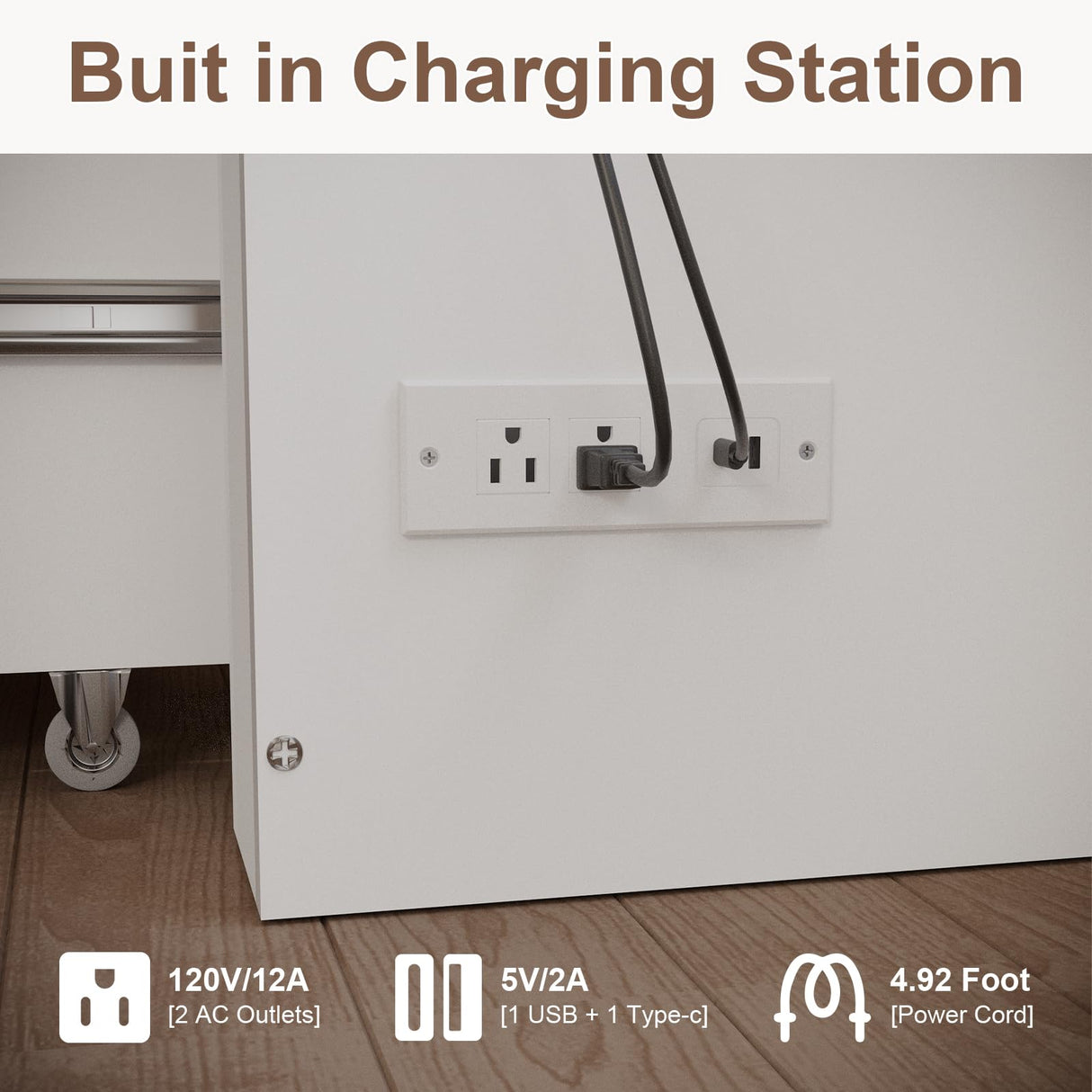 KCGKCG Murphy Bed with Storage & Charging Station, Queen Murphy Cabinet Bed with Large Storage Drawer for Guest Bedroom, Living Room, Office or Small Room, Full Foldable Platform Bed (White, Queen) KCGKCG