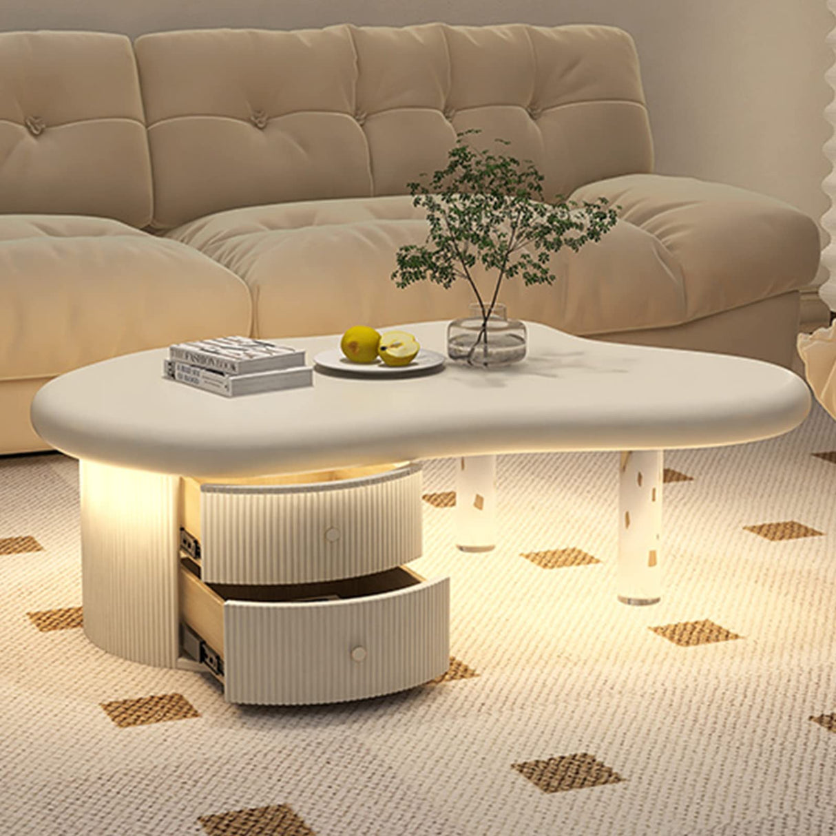 QQXX Cloud-Shaped LED Coffee Table,Irregular Cartoon Indoor Tea Table with 2 Drawers&Acrylic legs,Wood Round Corner Thicken End Table,for Living Room Bedroom(with light, Off white A) QQXX