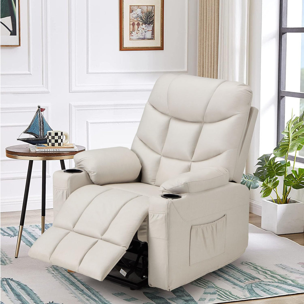 Esright Power Lift Recliner for Elderly, Electric Lift Chair with Heated Vibration Massage,Heavy Duty Electric Recliner with Side Pockets, USB Charge Port & Cup Holders, Cream Beige Esright