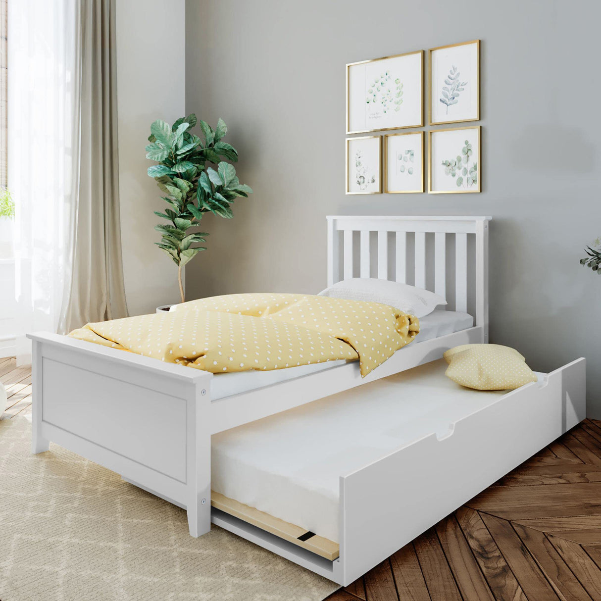 Max & Lily Twin Bed, Wood Bed Frame with Headboard For Kids with Trundle, Slatted, White Max & Lily