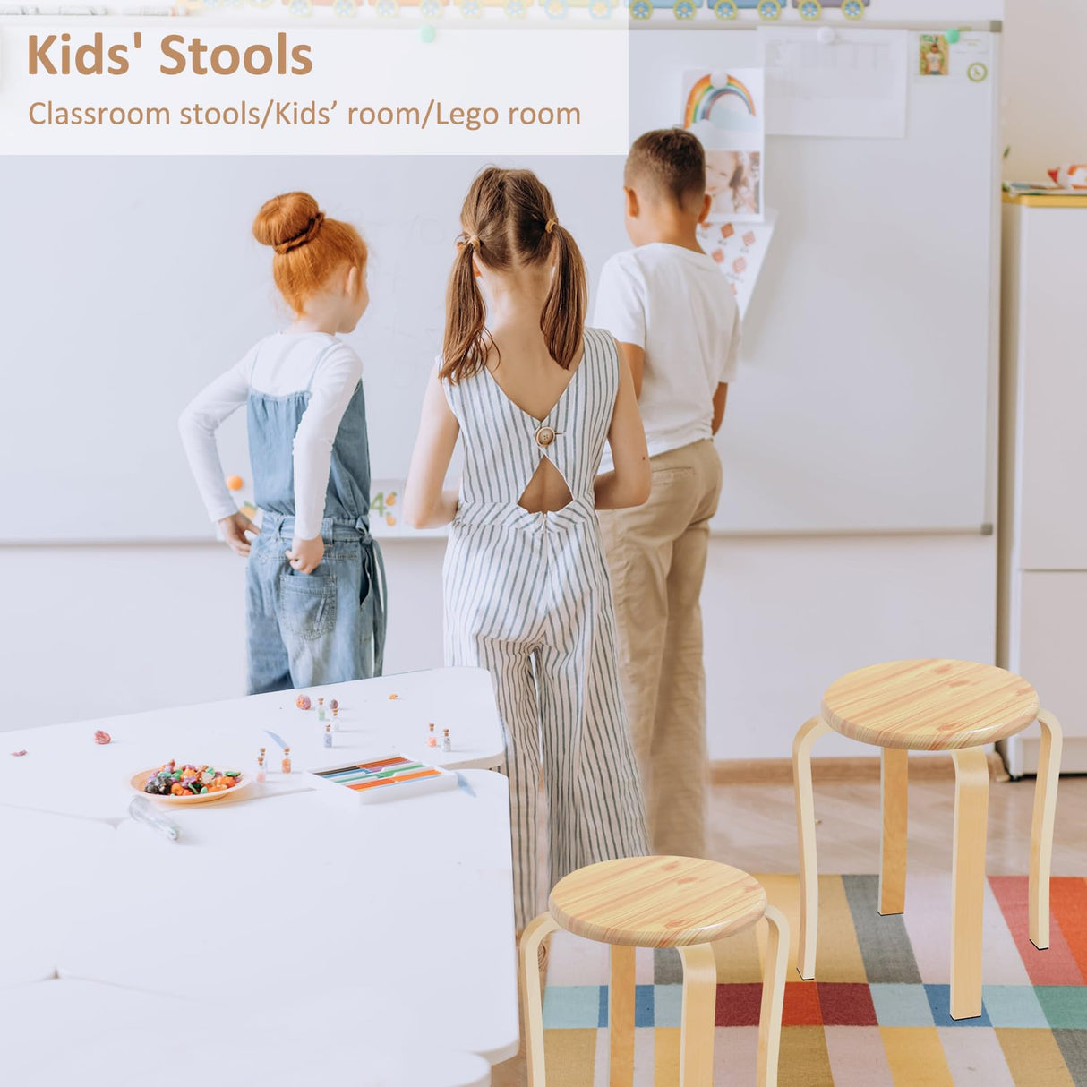 Wood Stools, Set of 2 Wooden Stackable Stool Extra Seating for Kids, Guests, Portable Round 16.5-Inch, Counter Height Stools for Living Room, Backyard, Classroom, Kitchen, Pland Stand, Apartment WINZONE