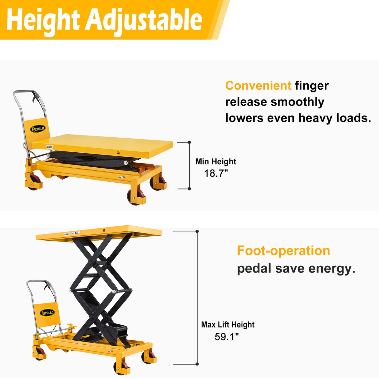 APOLLO Lift Table Cart Manual Double Scissor Lift Table Hydraulic Cart Platform Cart 1760lbs Capacity 59" Lifting Height APOLLO