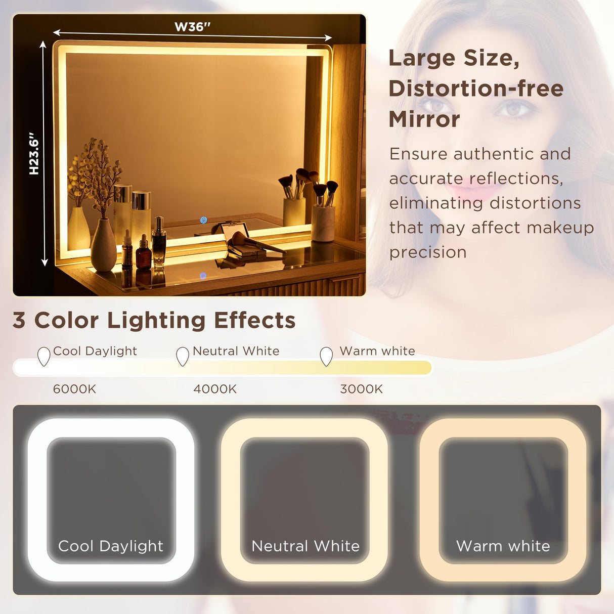 T4TREAM 48" Fluted Makeup Vanity Desk with Large 36" Mirror and Lights, Modern Glass Top Big Vanity Table with 5 Drawers & Adjustable Shelves, Dressing Table Set w/Charging Station for Bedroom, Oak T4TREAM