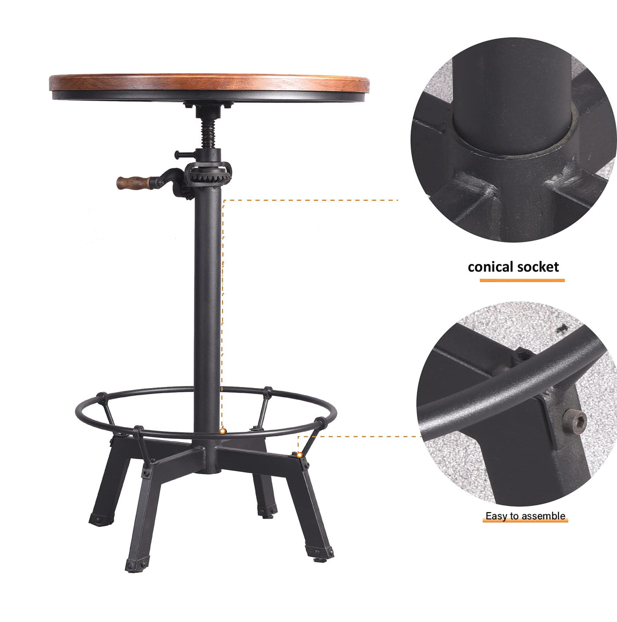 Topower Adjustable Height Industrial Pub Table with Round Wooden Top - Black Topower