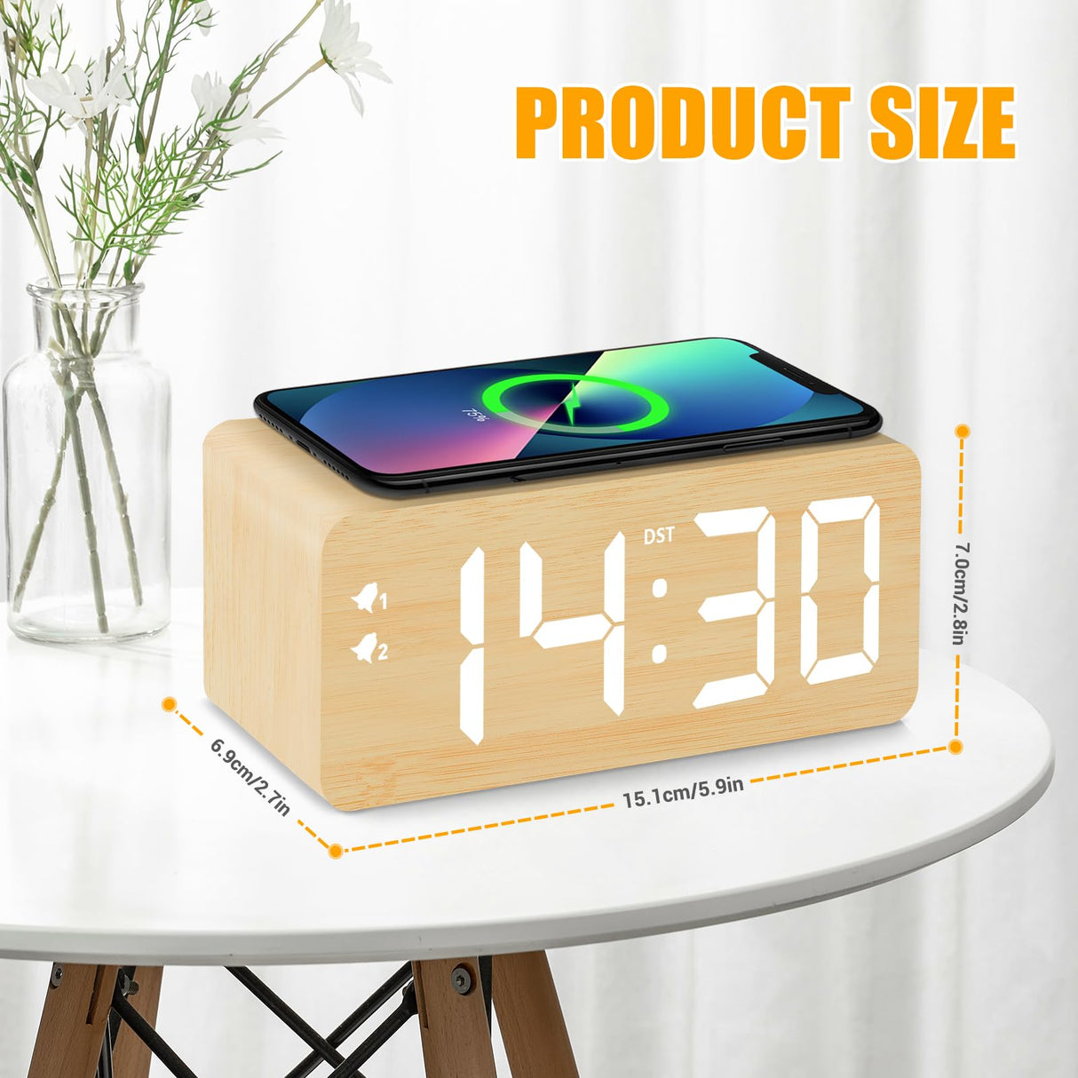 URAYCO Wood Digital Alarm Clock with 10W Fast Wireless Charger, USB Charging Ports, DST, Dimmable, Snooze, Large Number LED Display for Bedrooms, Desk, Living Room Table, Bedside, Nightstand (Bamboo) URAYCO