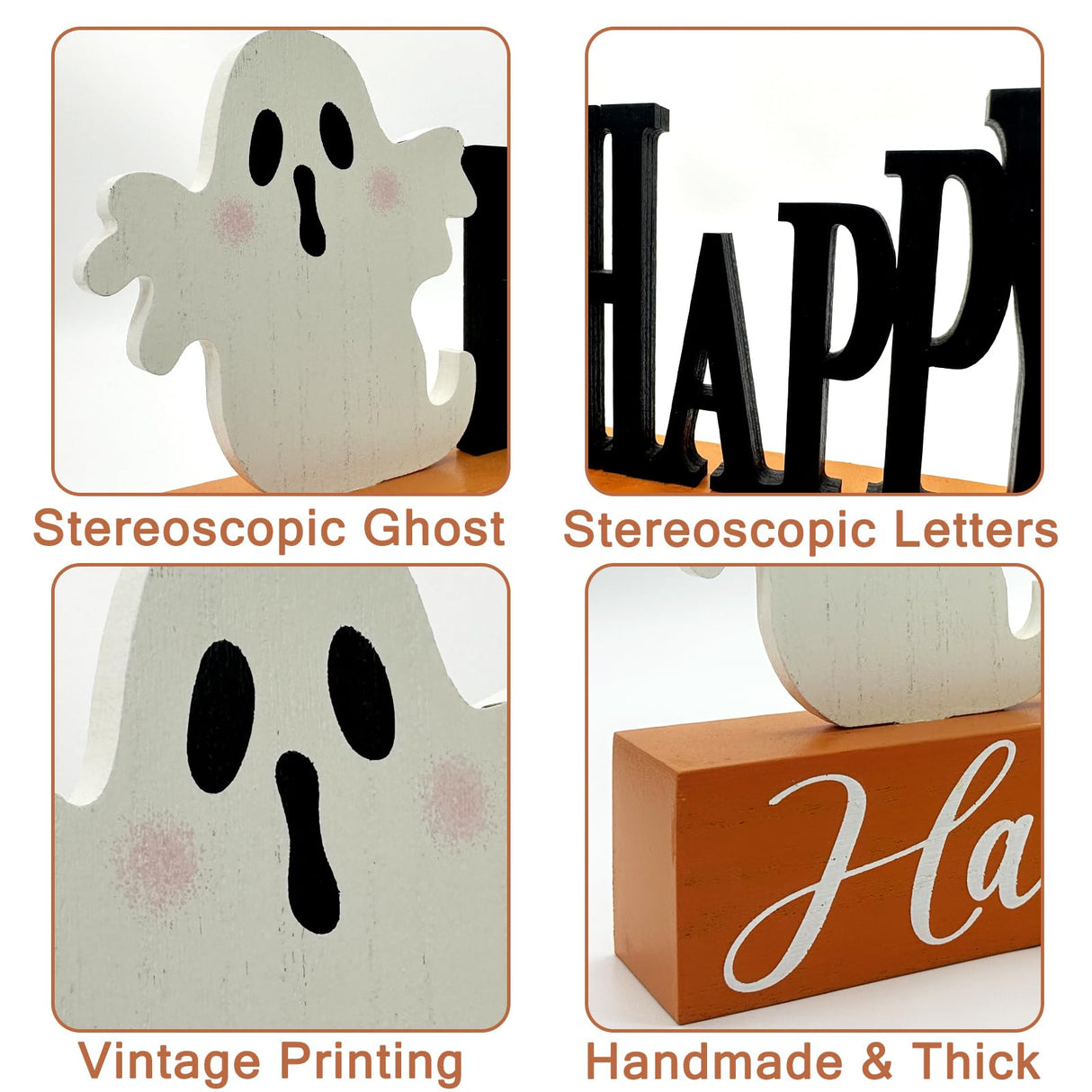 Halloween Decorations Indoor Happy Halloween Sign Ghost Wooden Block Rustic Farmhouse Home Table Top Decor for Fireplace Tier Tray Mantle Haunted House Shelf Eternhome