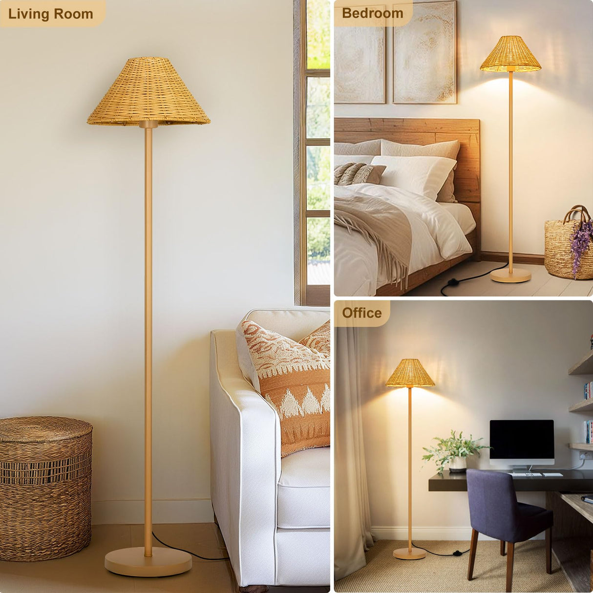 Boho Floor Lamps for Living Room, Rattan Floor Lamp with Woven Wicker Lampshade, 62 inches Mid Century Modern Standing Light, Farmhouse Rustic Coastal Lamp for Bedroom Office Corner, Easy Foot Switch Boncoo