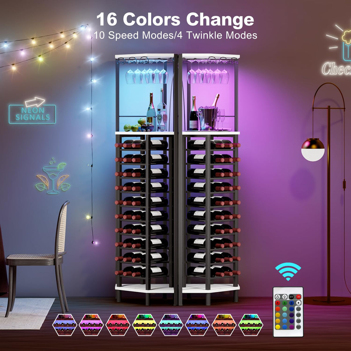 Homeiju Corner Wine Rack with Glass Holder and Led Strip Light, Corner Bar Wine Racks Freestanding Floor, Industrial Corner Bar Cabinet for Kitchen, Dining Room, Living Room or Cellar Homeiju