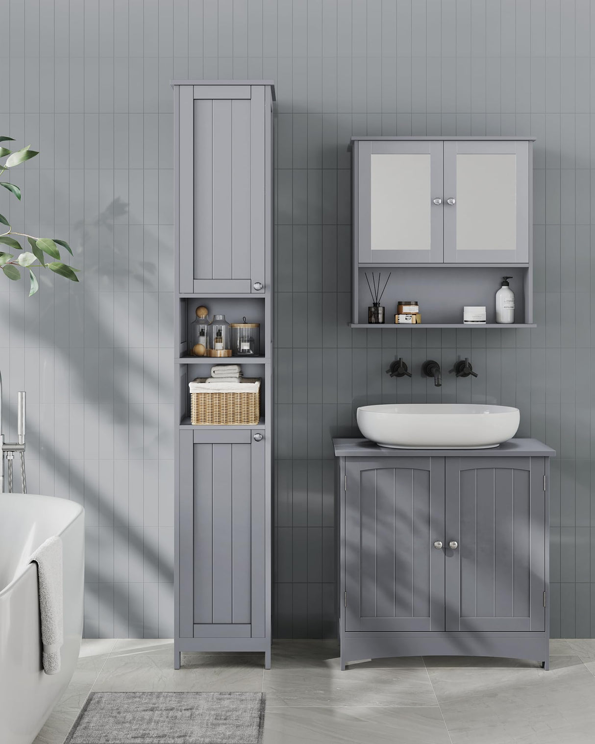 VASAGLE Tall Bathroom Cabinet with Lights, Slim Bathroom Storage Cabinet, Freestanding Narrow Cabinet with Adjustable Shelves, for Small Spaces, Modern, 11.8 Inches Wide, Dove Gray UBBC566G02 VASAGLE