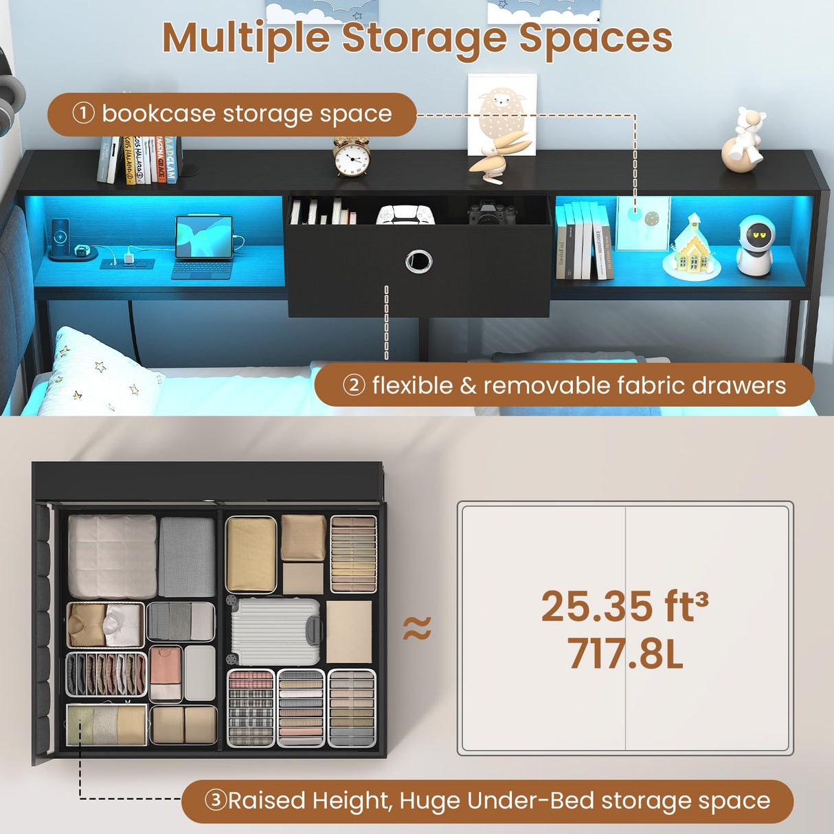 Hasuit Corner Full Lift Up Storage Bed Frame with Charging Station & LED Lights, Full Day Bed with Upholstered Headboard and Bookcase, Corner Beds with Hydraulic for Kids Teens Guests, Black Hasuit