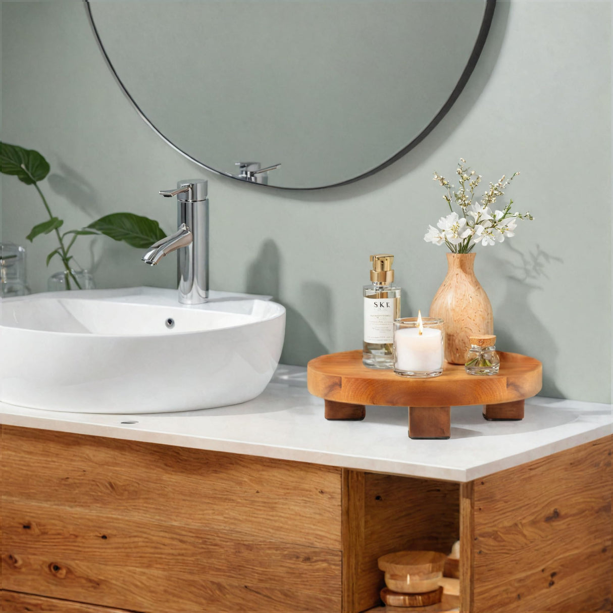 Demigo Round Wood Riser Board 9.5 inches, Natural Acacia Wood, Farmhouse Plant Holder, Multi-Purpose Display Stand, Wooden Pedestal for Soap, Plants, Candles, Countertop, Kitchen, Bathroom Demigo