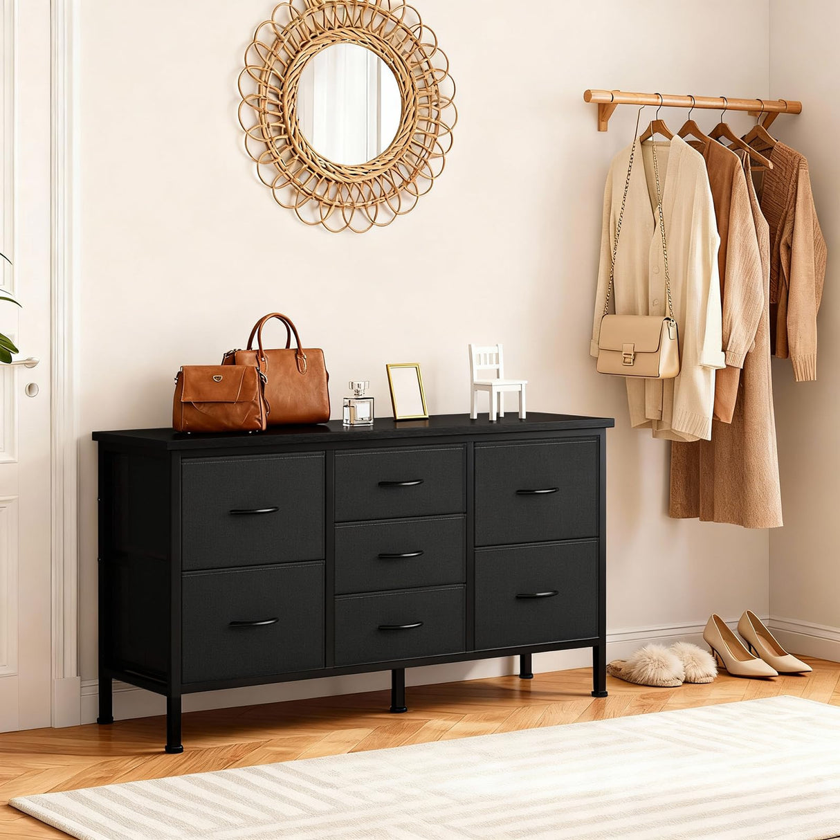 DUMOS TV Stand 7 Drawer Dresser for Bedroom with Storage TV Stands for Living Room Black, Farmhouse Entertainment Center Media Console Table with Metal Frame Adjustable Feet DUMOS