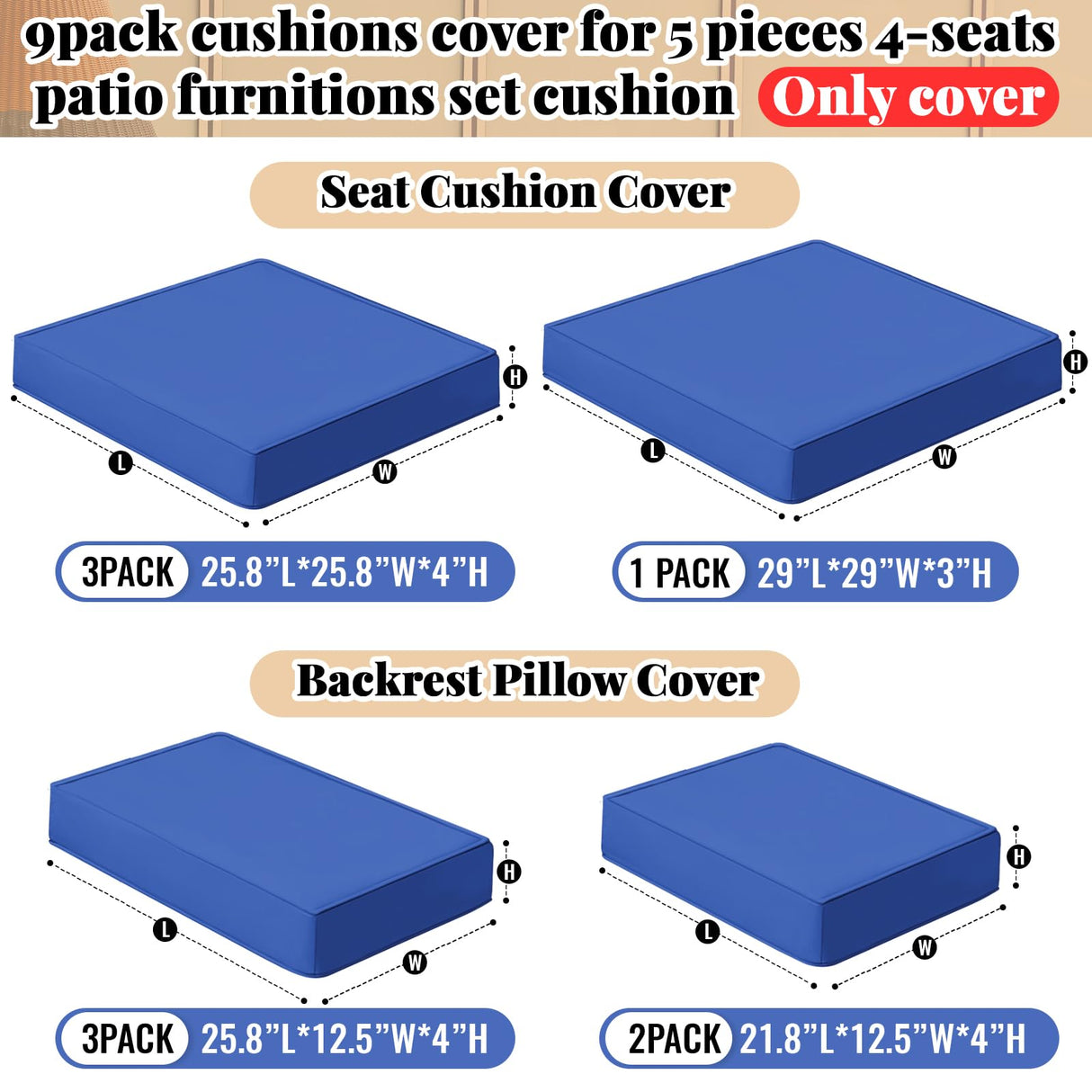 Patelai 9 Pcs Outdoor Patio Cushions Replacement Covers Fit for 4 Seater Sofa, Patio Cushion Covers Replacement Waterproof Cushion Cover, Cushions Covers Replacement Only(Dark Blue) Patelai
