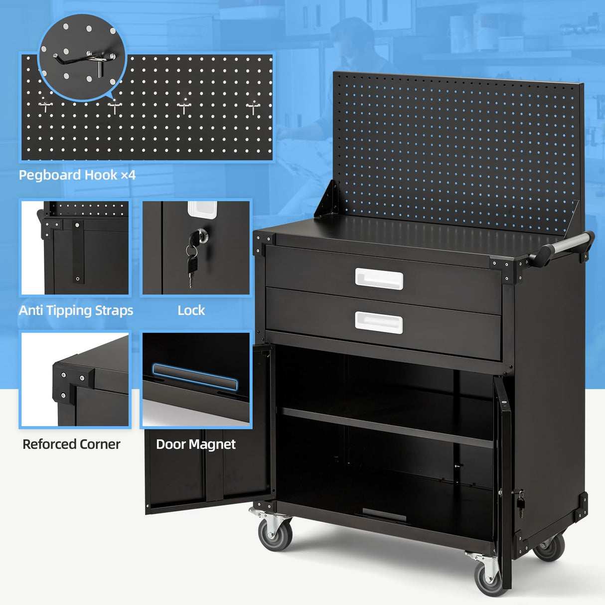 JFHID Work Bench for Garage with Pegboard Drawers and Cabinets Heavy Duty Metal Frame Tool Bench for Shop Kitchen Cabinets Organizer Work Table with Wheels (White Handle) JFHID