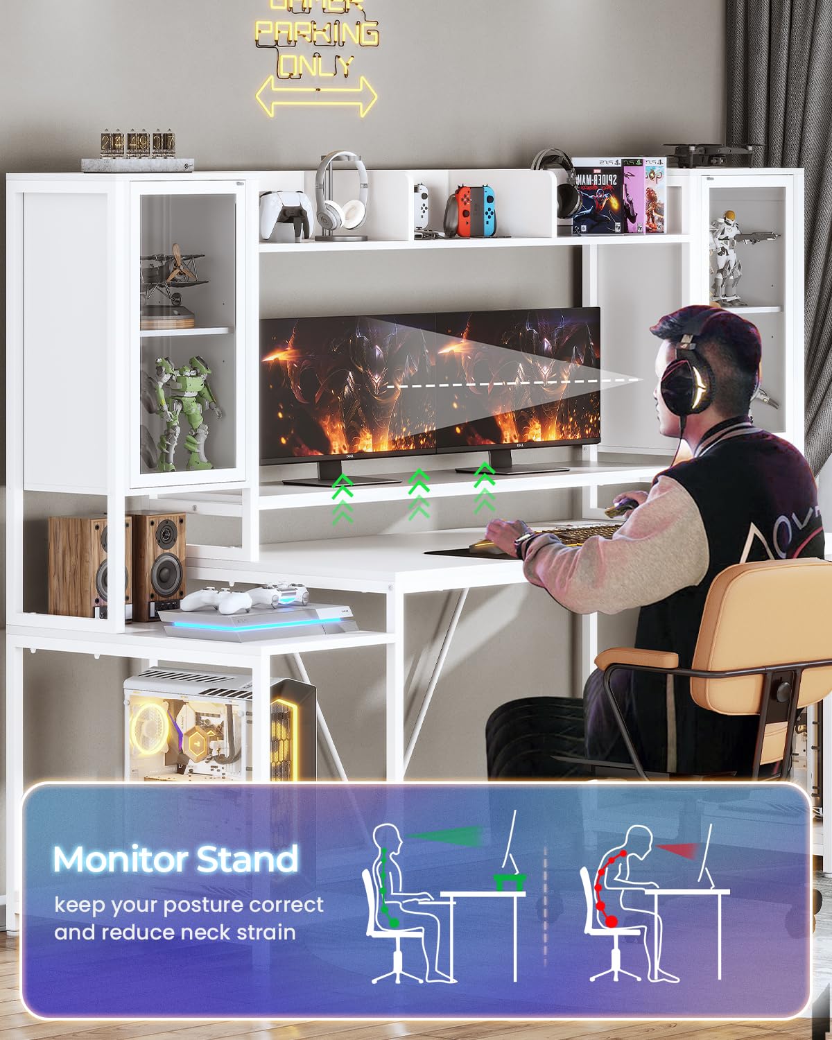 SEDETA Gaming Desk 74.8'' with LED Lights, Hutch and Storage Shelves, Computer Desk with Monitor Stand, Large PC Gamer Desk Workstation, Ergonomic Gaming Table for Bedroom, Living Room, White SEDETA