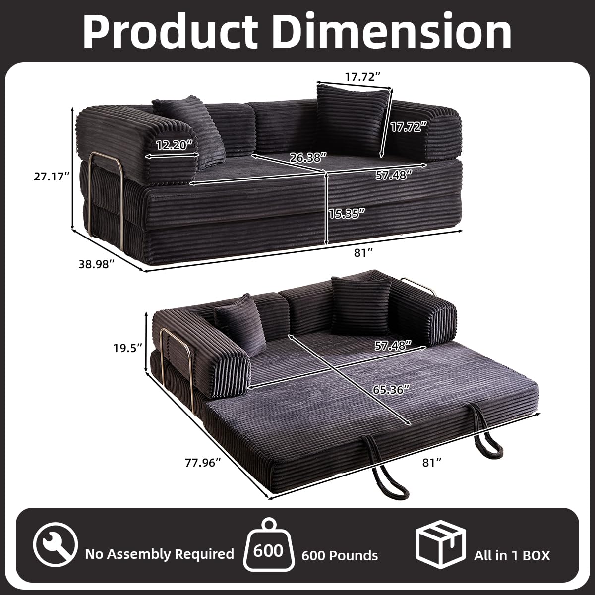 81 Inch Convertible Folding Sofa Bed,Fold Out Floor Sofa Couch with Fixed-Shape Frame,Corduroy Foldable Mattress Cloud Couch for Living Room Bedroom (Dark Grey) TIAOLOURIA