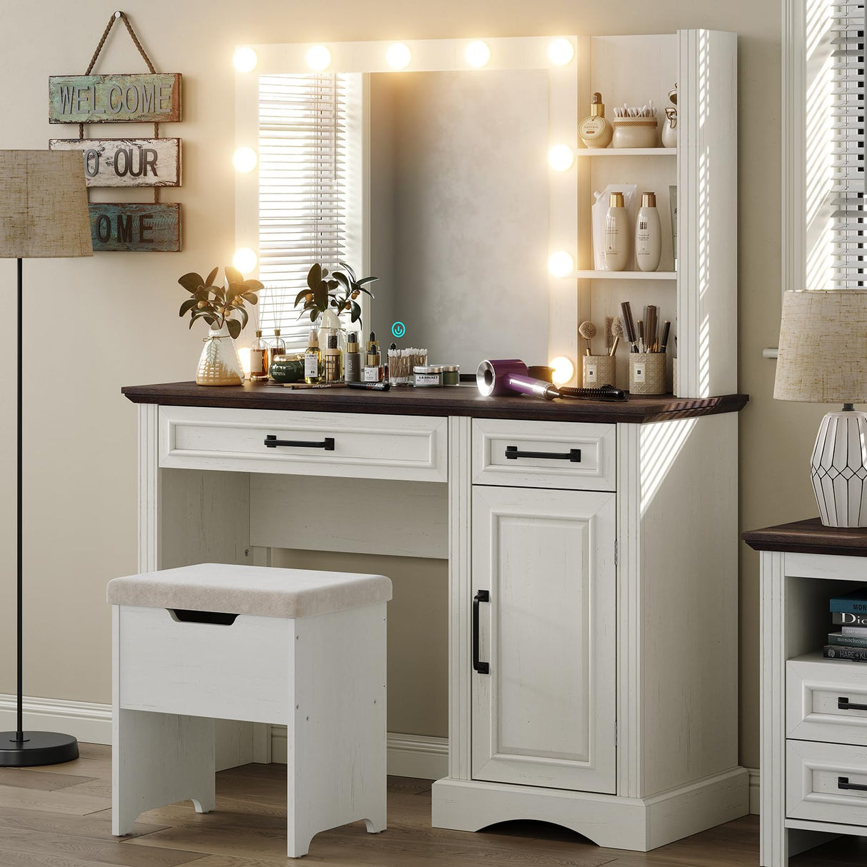 Diwnnue Farmhouse Vanity Makeup Desk, 43" W Vanity Desk with Lights Mirror and Drawers for Makeup, Big Modern Vanity Table Set with Vanity Stool for Bedroom, Antique White Diwnnue