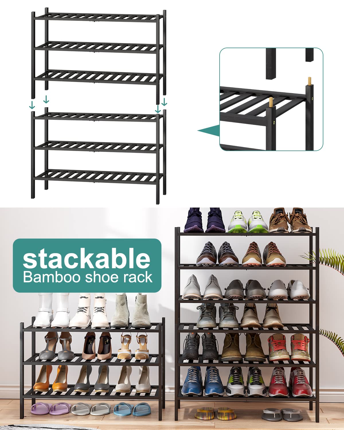 3-Tier Black Bamboo Shoe Rack for Entryway, Stackable | Foldable | Natural, Shoe Shelf Storage Organizer for Hallway Closet, Free Standing Shoe Racks for Indoor Outdoor viewcare