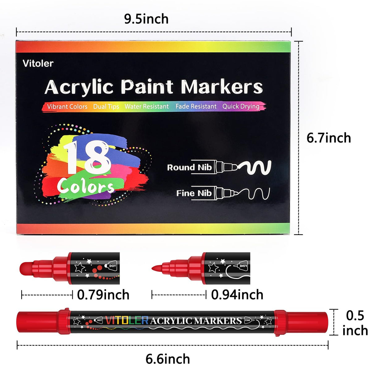 Vitoler Acrylic Paint Markers,18pcs Dual Tip Acrylic Paint Set,Acrylic Paint Marker Pens with Brush Tip and Dot Tip for Painting Rock Diy Crafts Art Supplies Vitoler