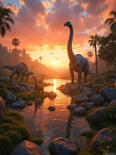 PUAGEMTI Sunset Dinosaur Valley Scene Diamond Art Kits for Adults, 5D DIY Full Drill Diamond Painting Kits for Adults Beginners, Diamond Painting Kit for Wall Home Decor (No Frame) 12x16 Inch