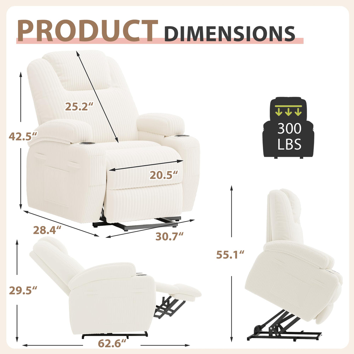 Flamaker Power Lift Chair Massage Recliner Chairs for Elderly - Ergonomic Design with Cup Holders & Side Pockets, Remote Control (White) Flamaker